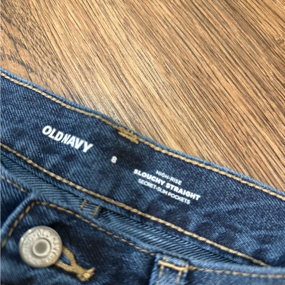 Old Navy High Rise Slouchy Straight Relaxed Fit Distressed Jeans - Dark Blue - Picture 2 of 2
